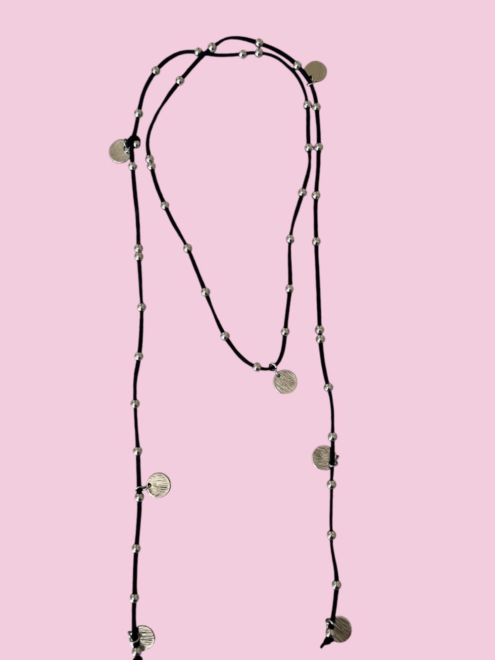 Long Black Cord Accessory with Silver Beads and Discs